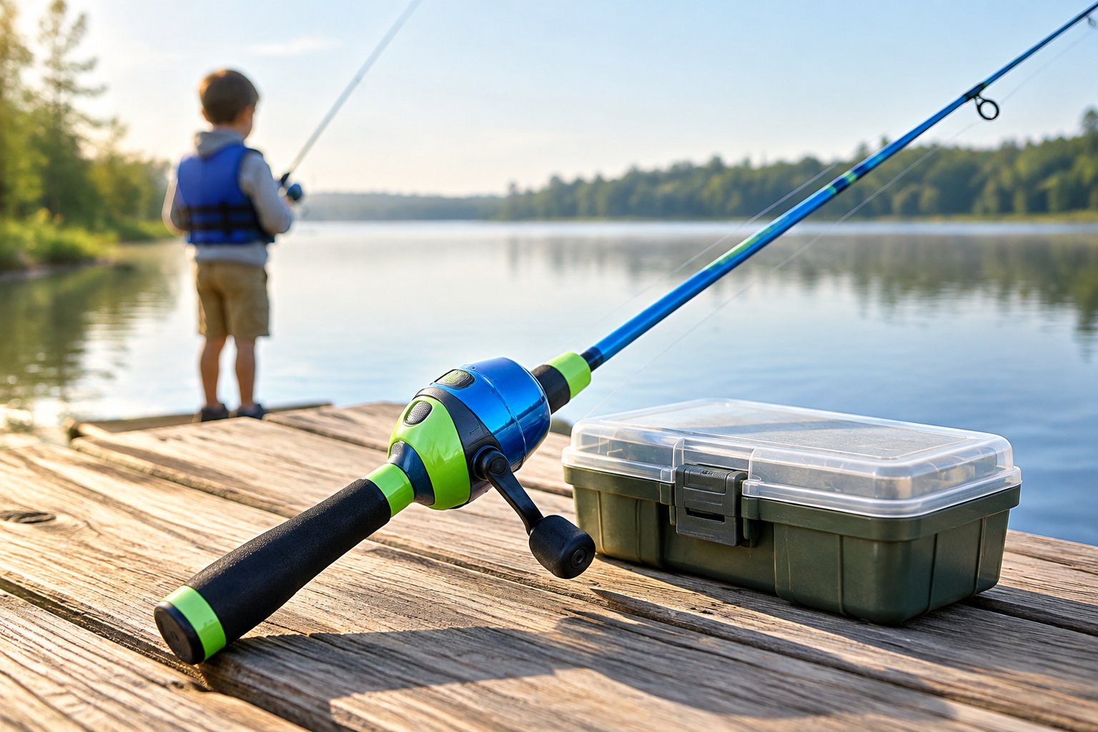 A youth fishing rod and reel rest on a dock beside a tackle box as a young angler fishes at a lake.