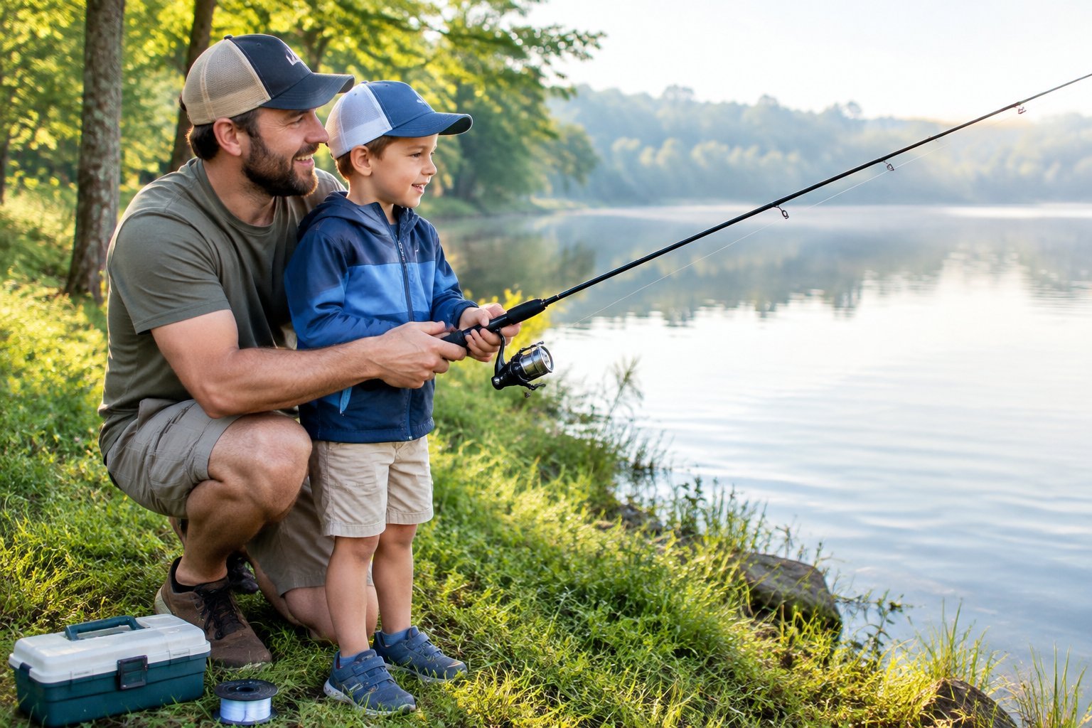 A child learns to hold a fishing rod while an adult offers guidance by a lake.