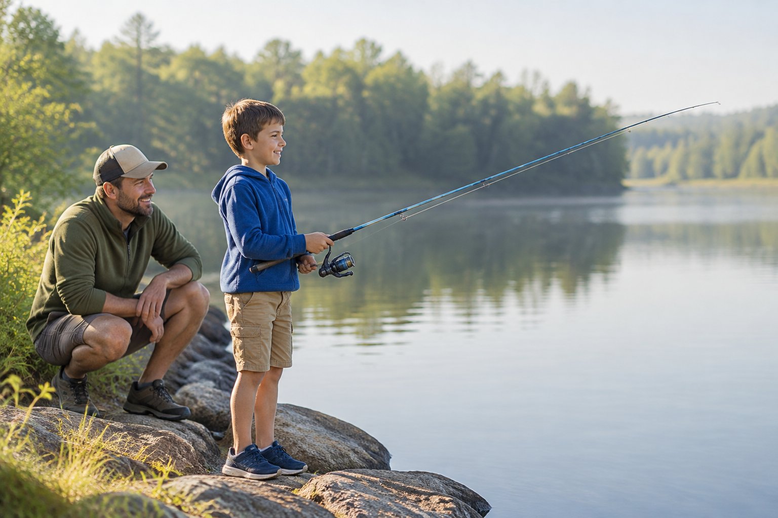A child fishes with a small rod at a lake while an adult stands nearby.