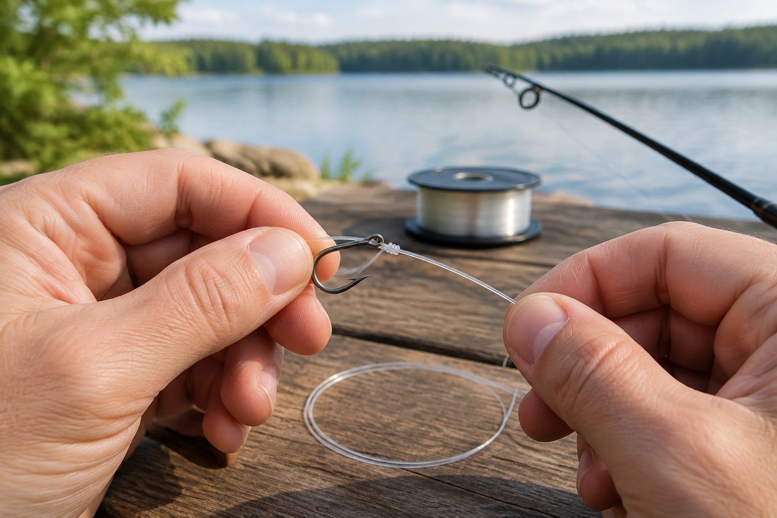 Hands tie a fishing line knot onto a hook beside basic fishing gear.