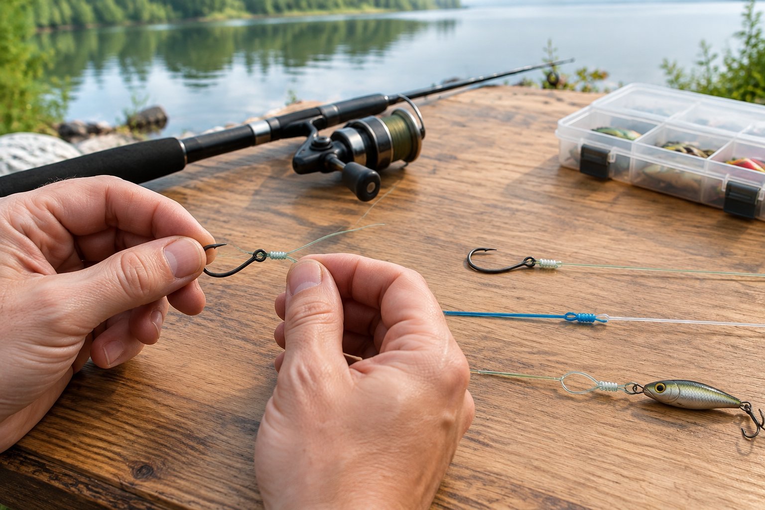 A beginner ties fishing line to a hook beside examples of other fishing knots.