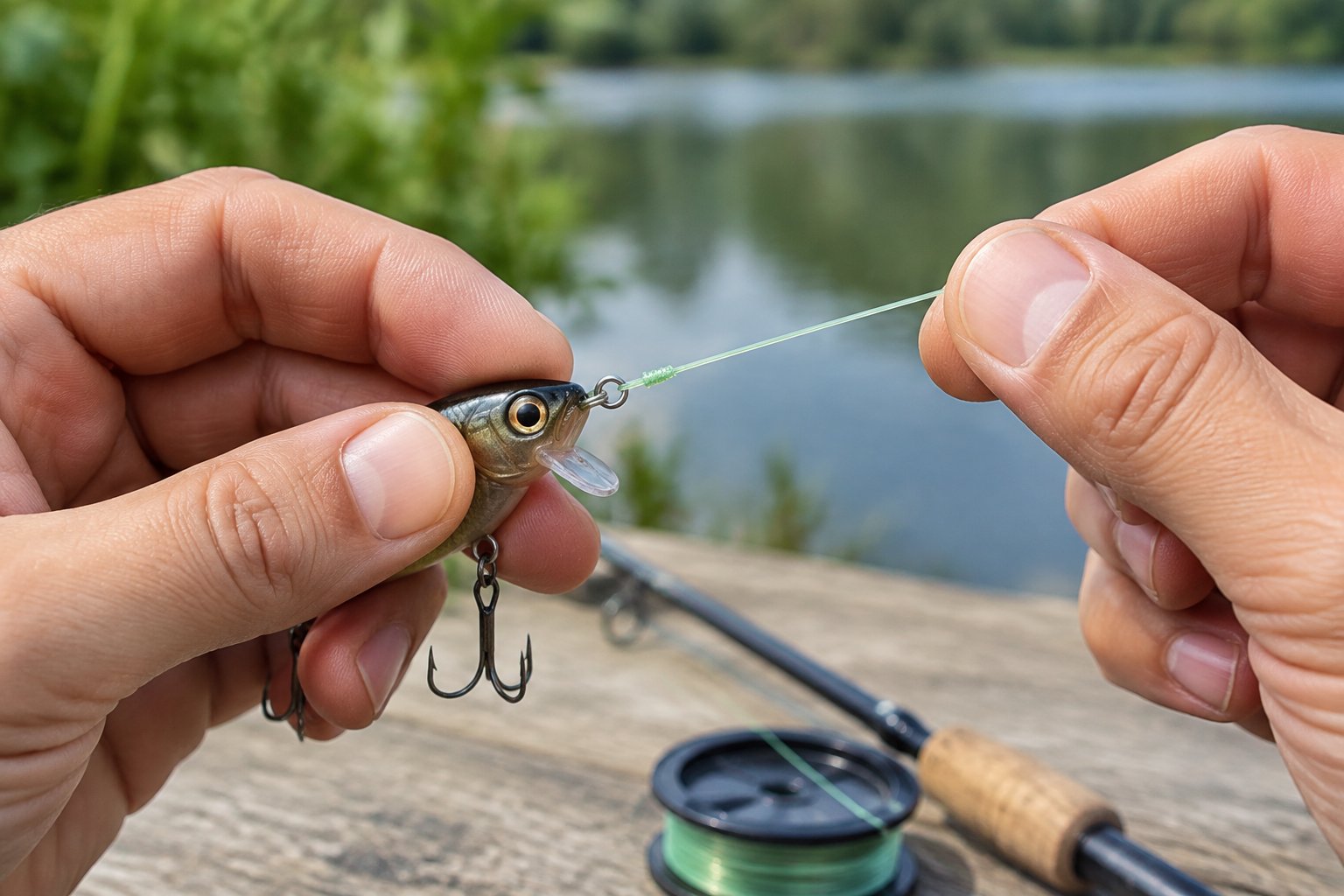 Hands tie a fishing line to the eye of a small lure.