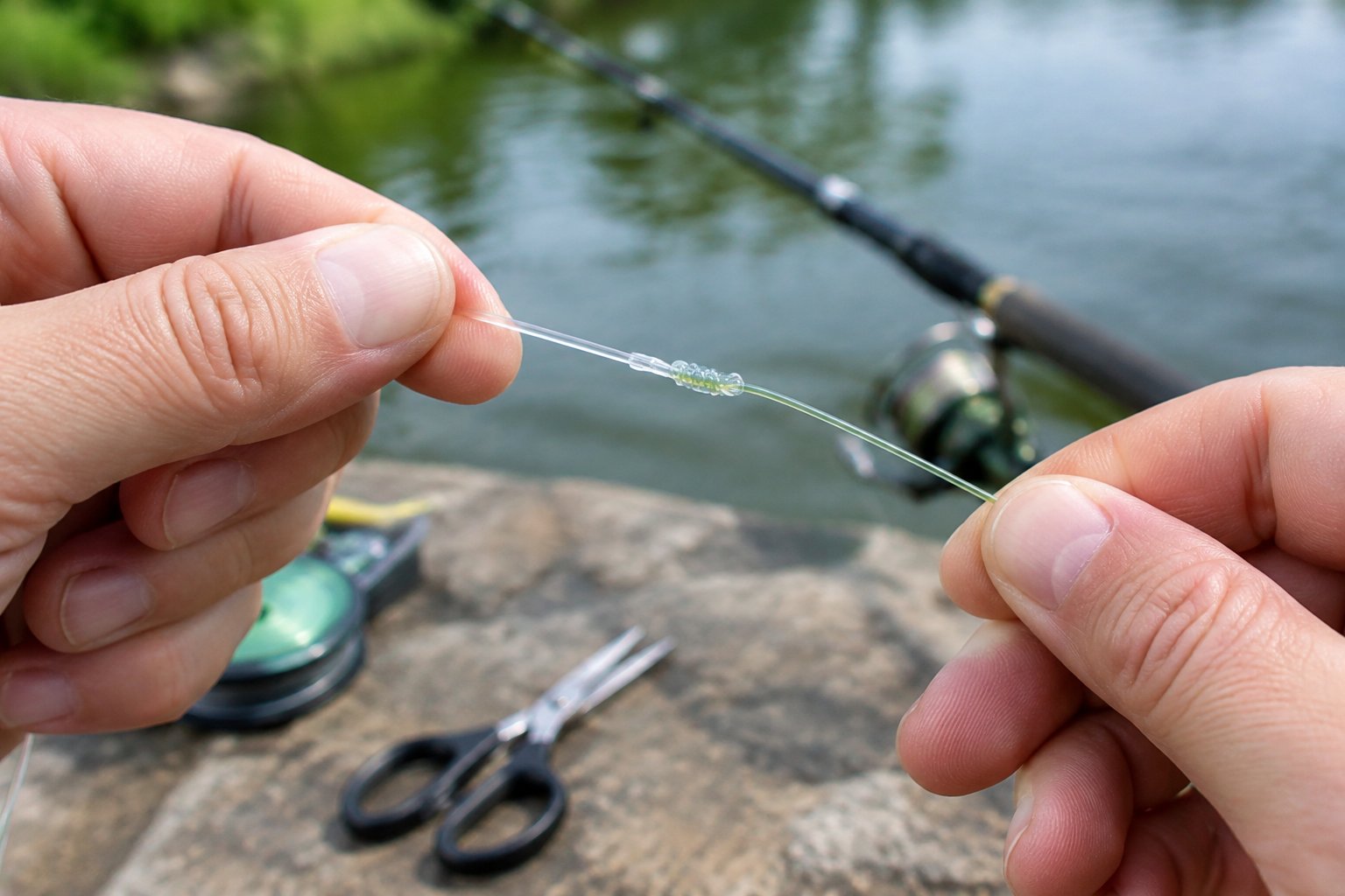 Hands tie a fishing leader to the main line.