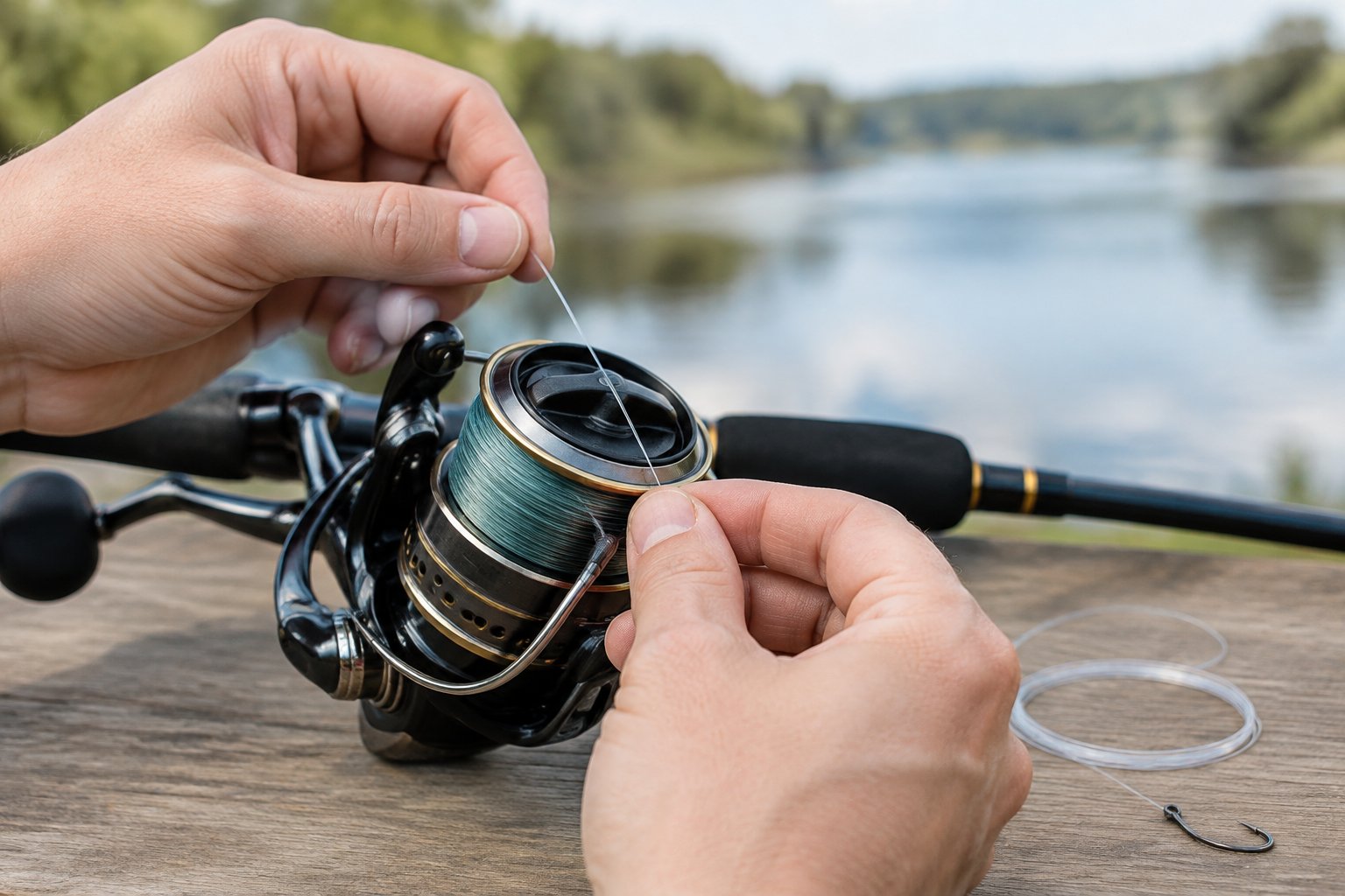 Hands tie fishing line onto a spinning reel spool beside a fishing rod.