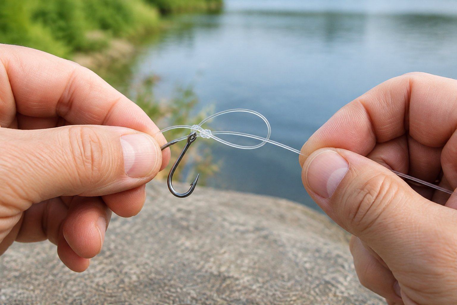 Hands tie a fishing line knot onto a hook.