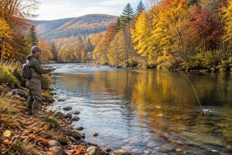An angler casts a fishing line into a river bordered by colorful autumn trees.