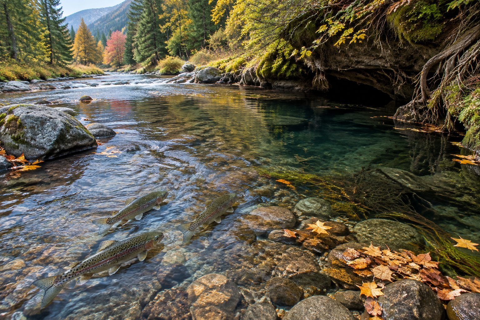 Trout swim upstream through a clear autumn river beside a shaded bank.