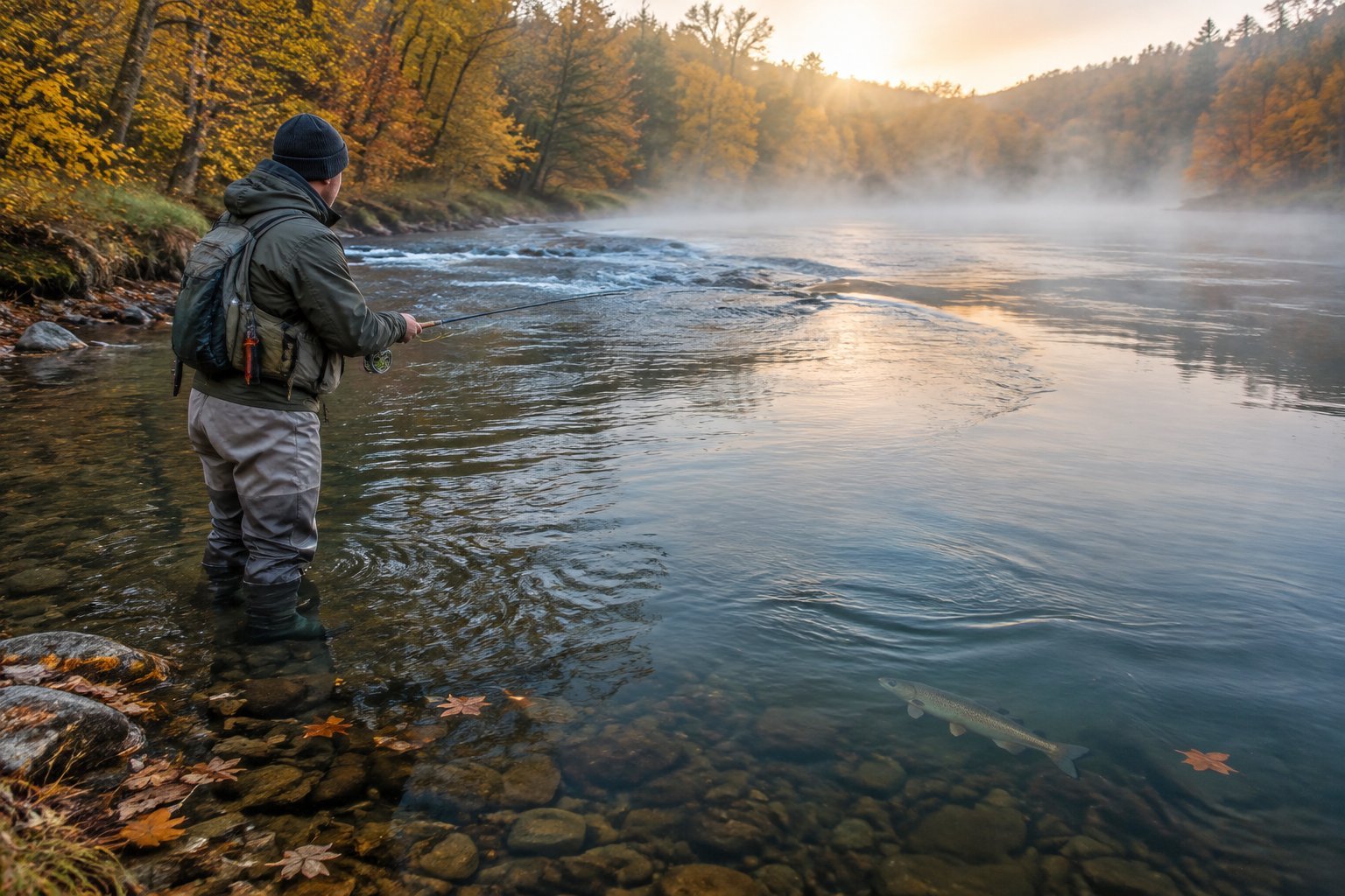An angler casts into a misty autumn river as a trout rises near the surface.