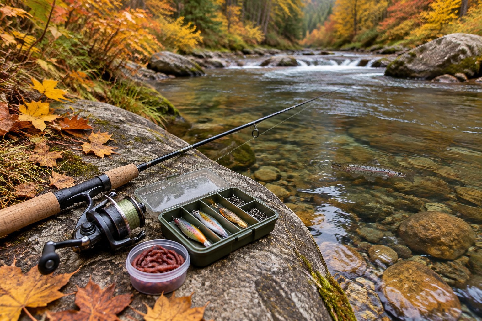 Simple trout fishing gear and bait beside a clear autumn stream.