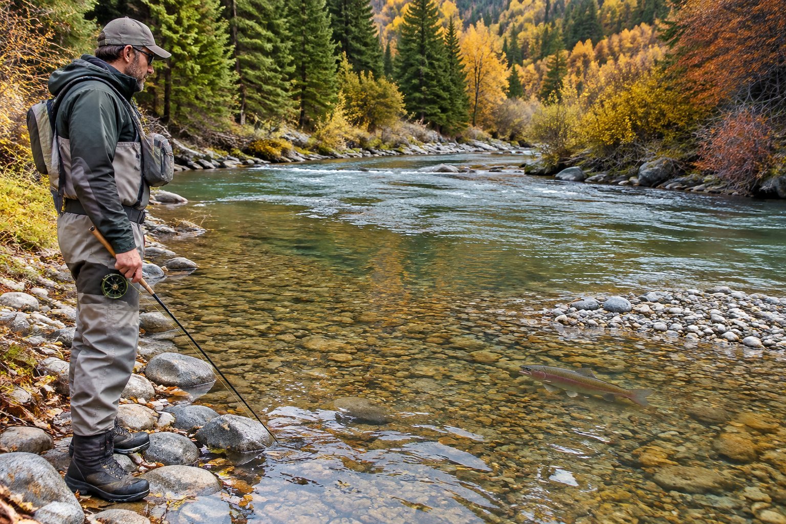 An angler watches a trout in a shallow autumn stream.