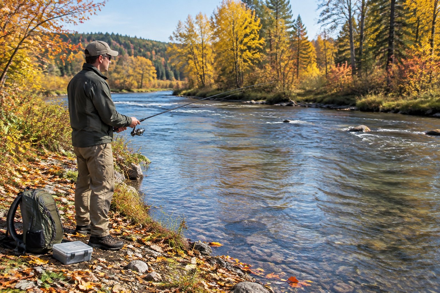 An angler fishes for trout from a tree-lined riverbank in autumn, with a small pack and tackle box nearby.