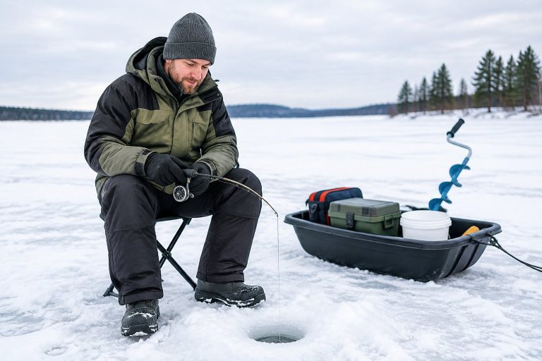A beginner ice angler fishes beside a hole in a frozen lake, with winter gear nearby.