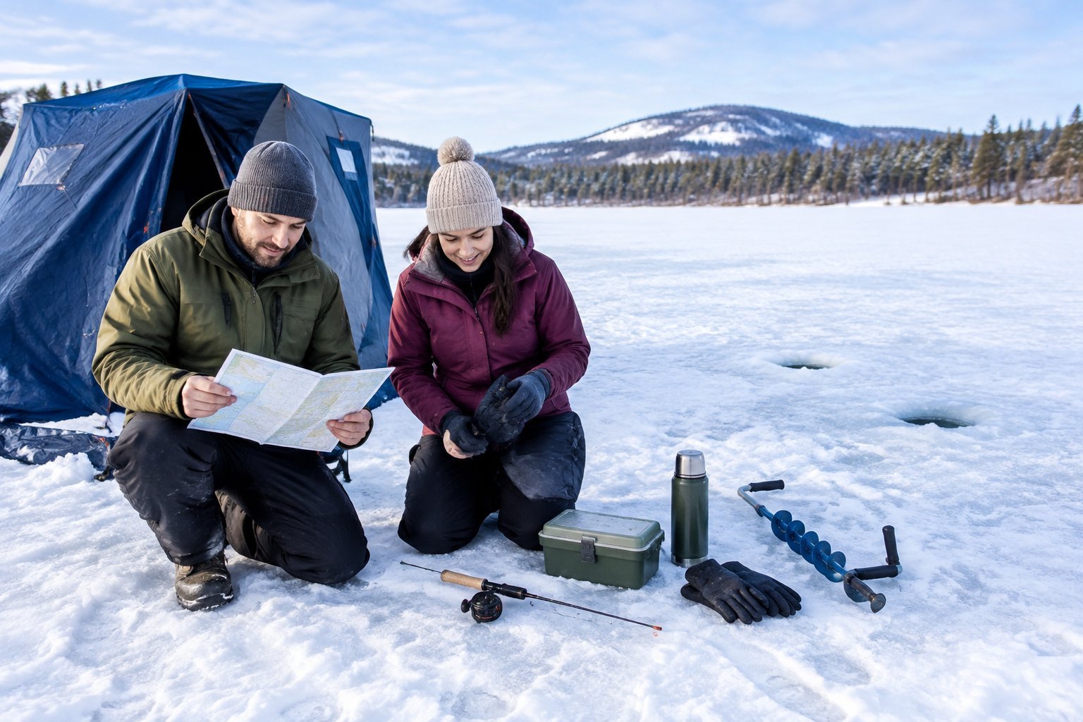 Two friends prepare fishing gear beside an ice-fishing shelter on a frozen lake.