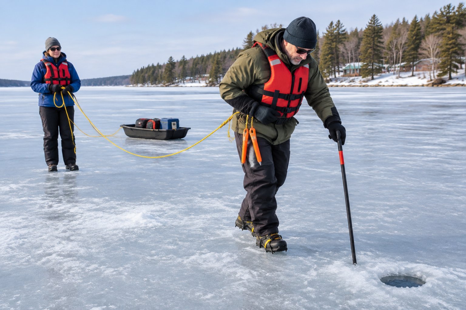 Two anglers take safety precautions while approaching a fishing hole on a frozen lake.