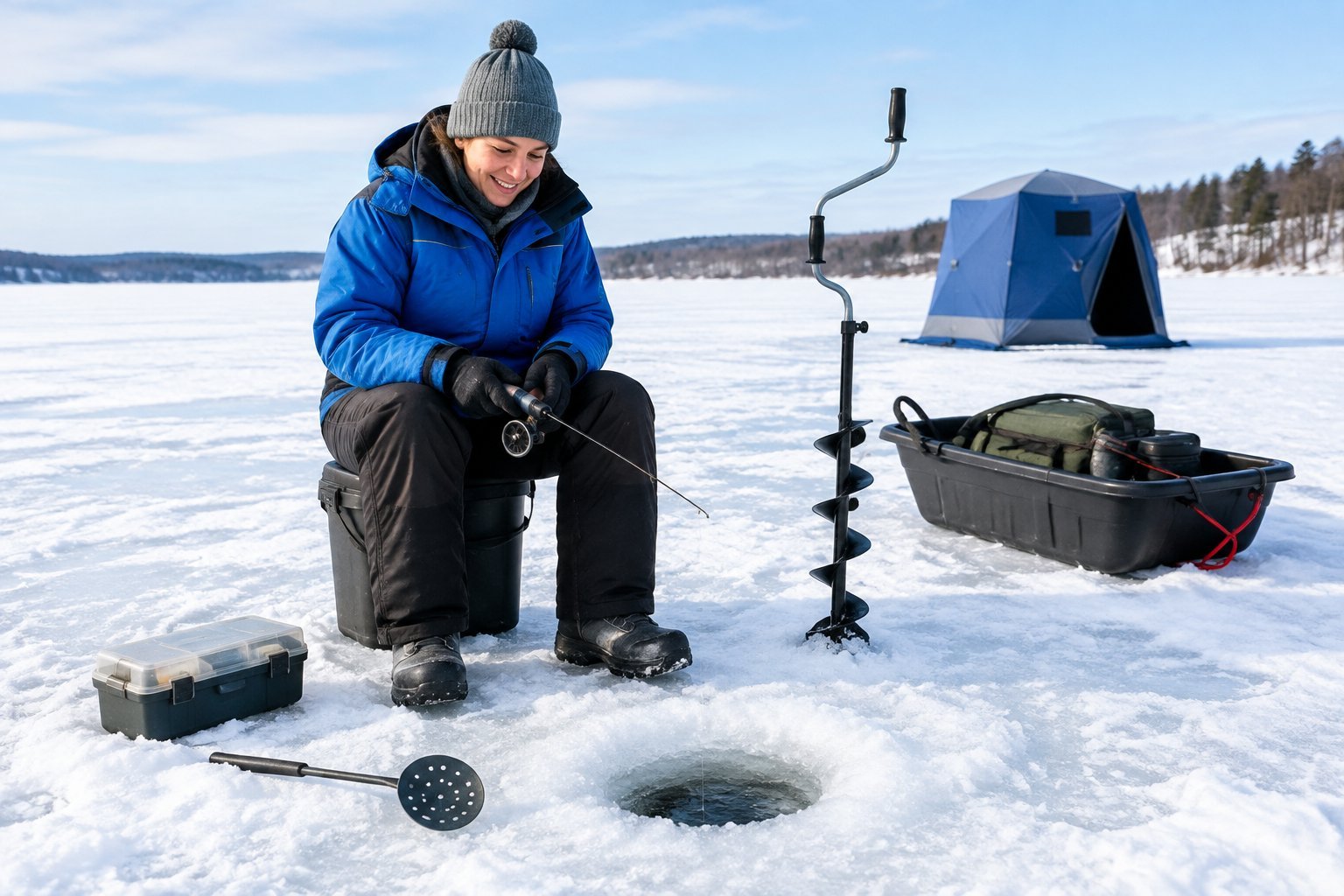 A beginner ice angler stands beside essential fishing gear and a drilled hole on a frozen lake.