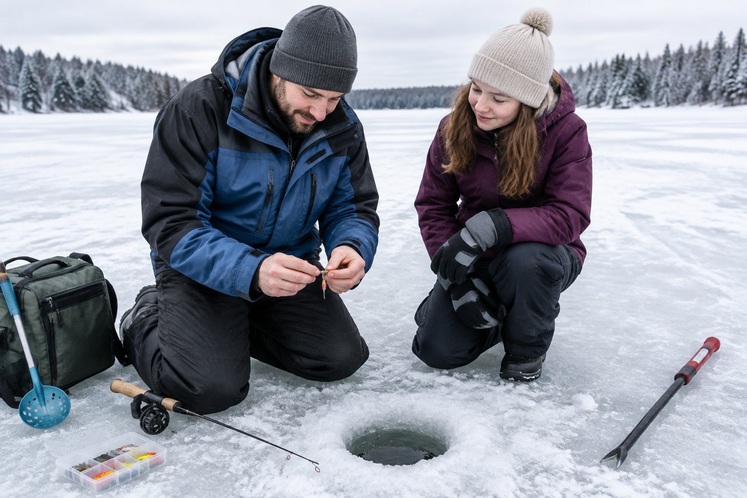 A beginner attaches bait to a small jig beside an ice-fishing hole.