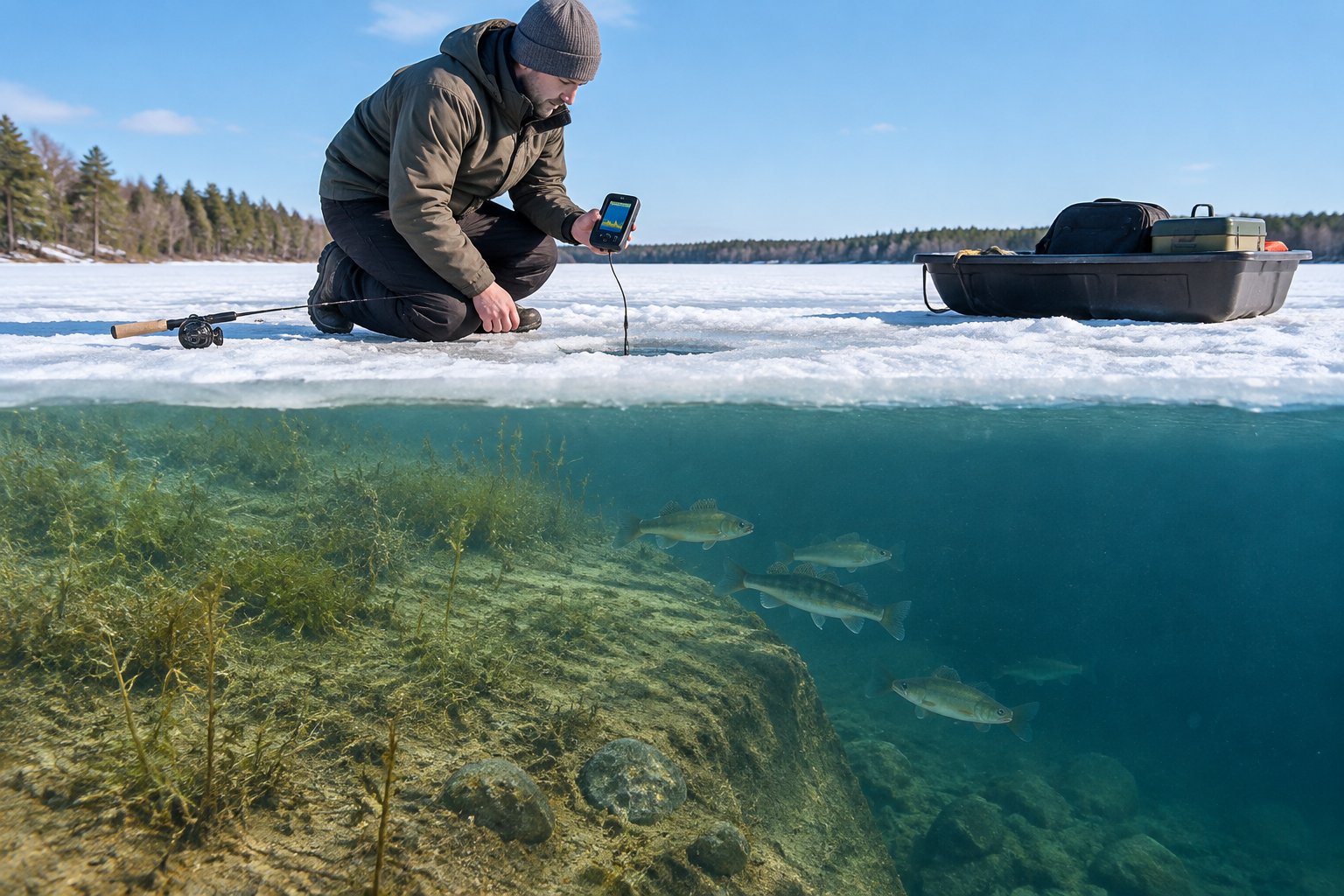 A beginner ice angler checks a fishing hole as fish gather near an underwater drop-off.