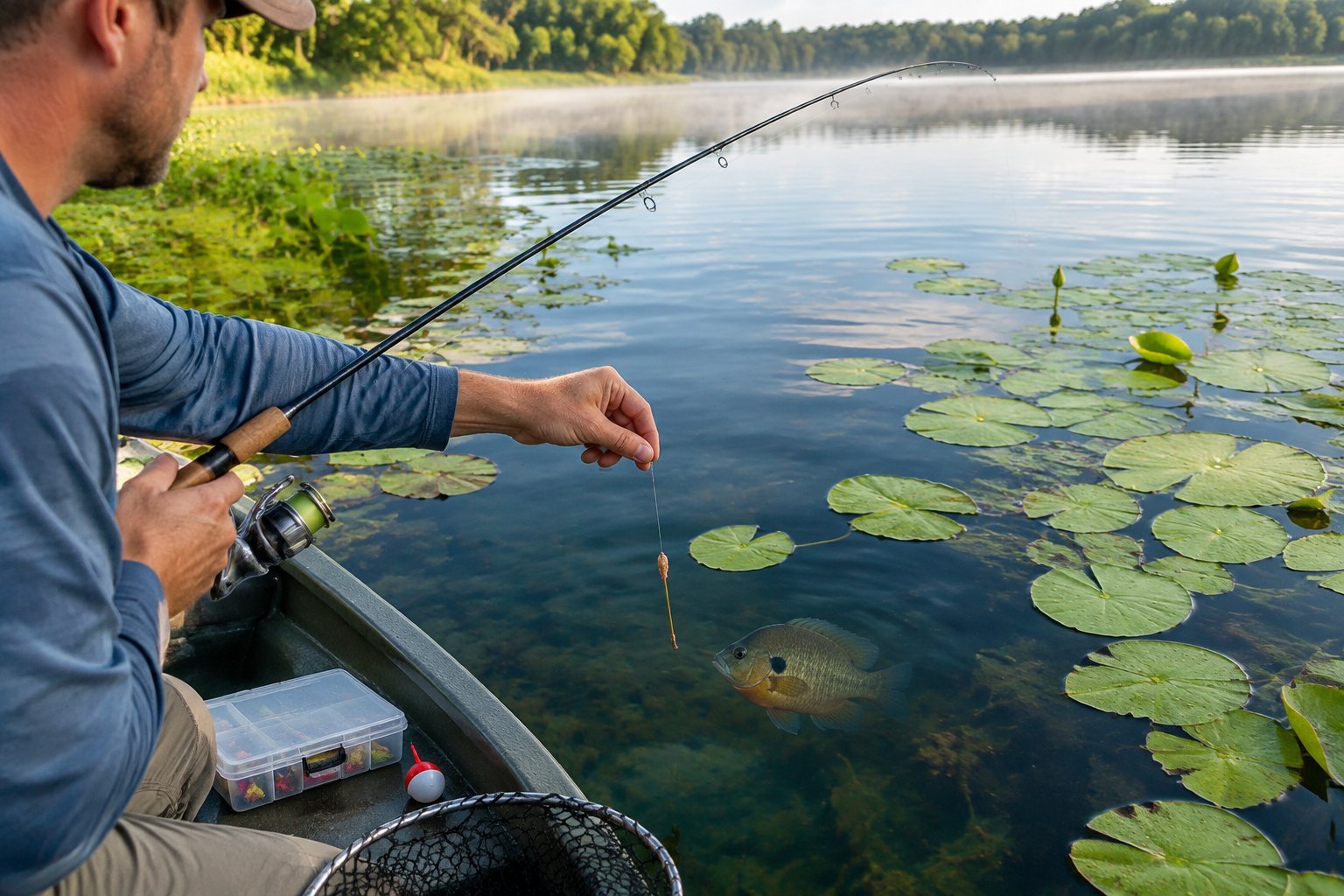 An angler fishes for bluegill beside lily pads on a calm lake.