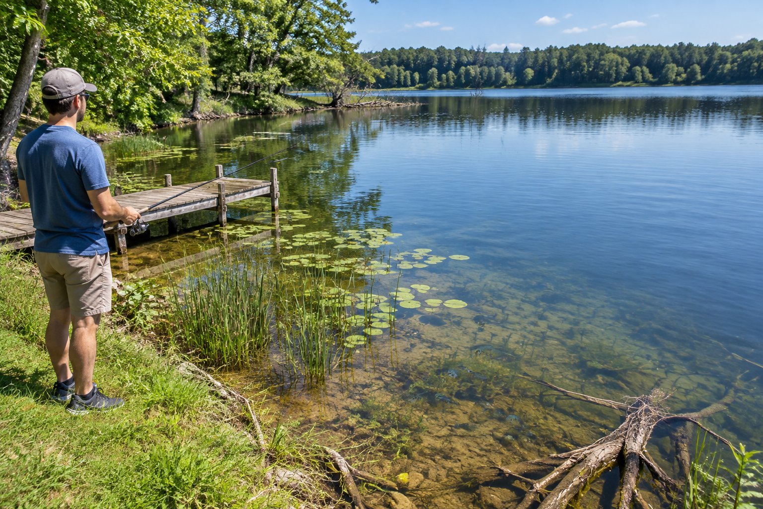 An angler fishes from a grassy lake shore near reeds, lily pads, and submerged branches.