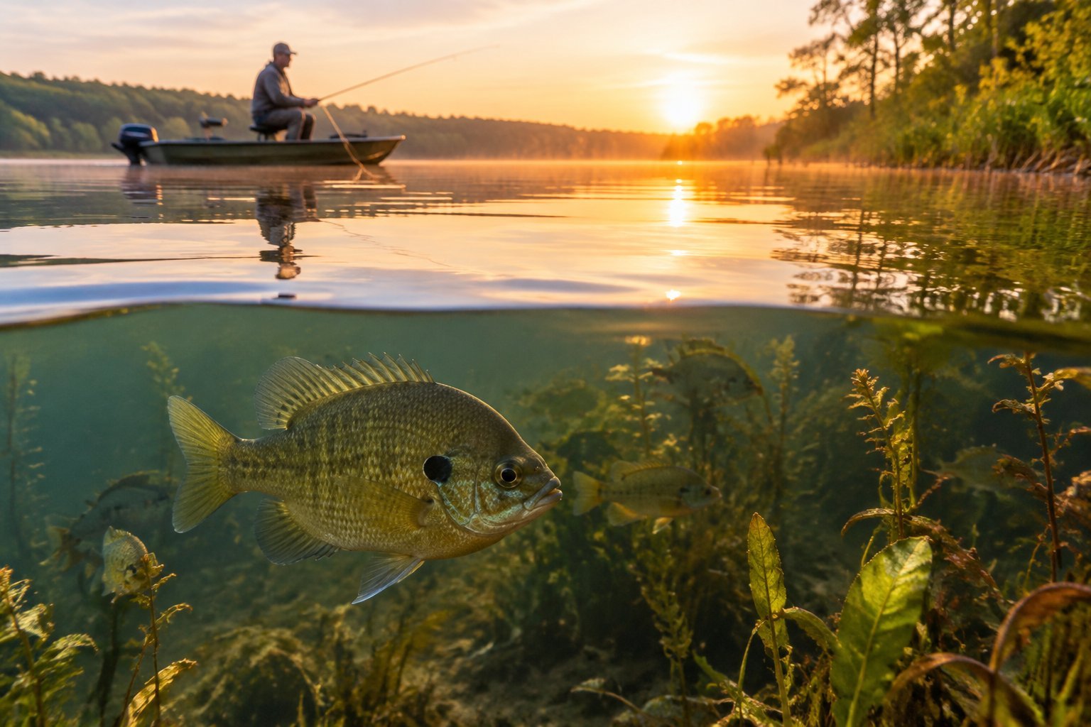 A bluegill swims near the surface of a pond as an angler fishes at sunrise.