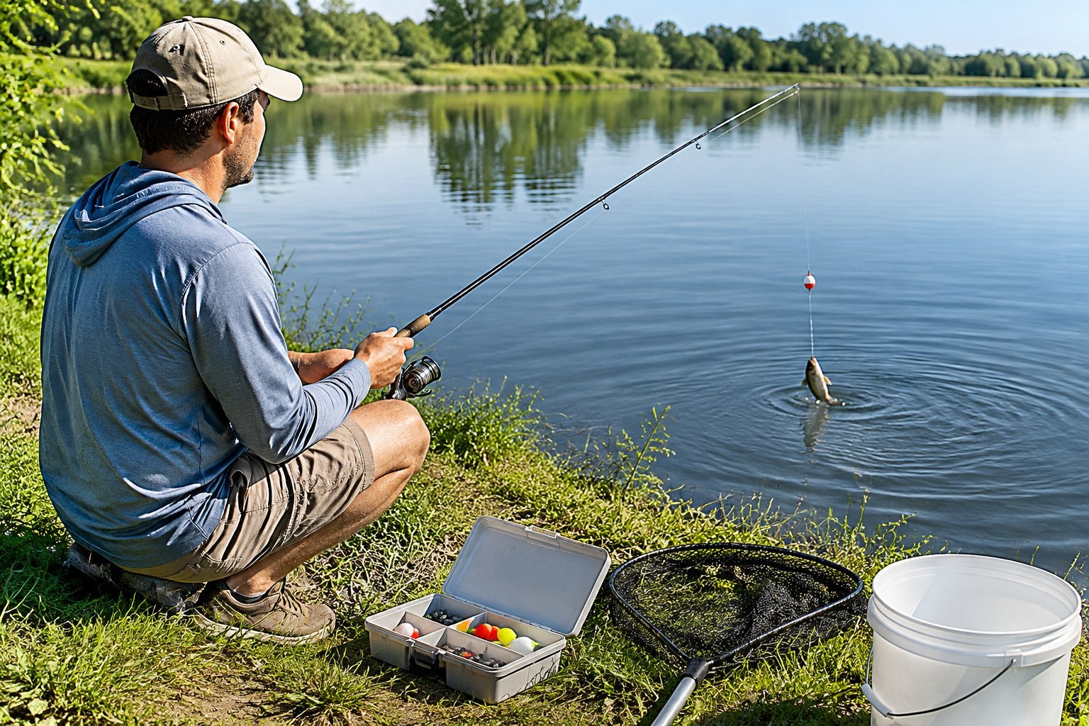 An angler uses a lightweight fishing rod beside a pond, with tackle and a landing net nearby.