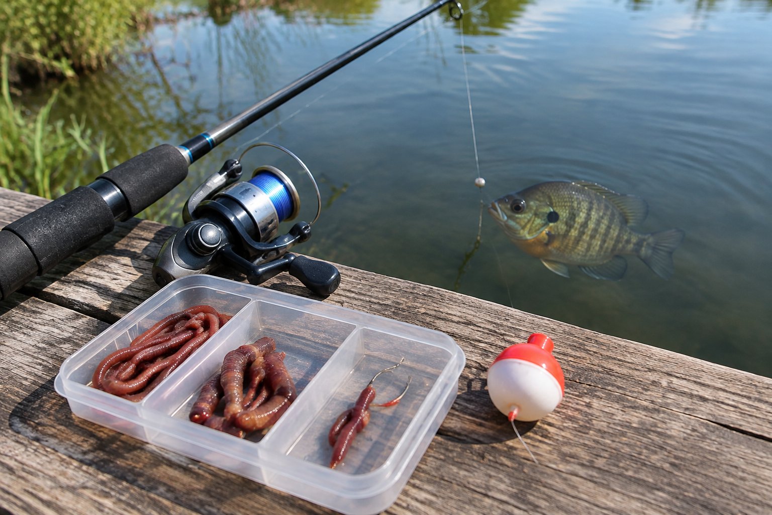 Worm bait, a small hook, a bobber, and a fishing rod beside a pond where a bluegill swims.