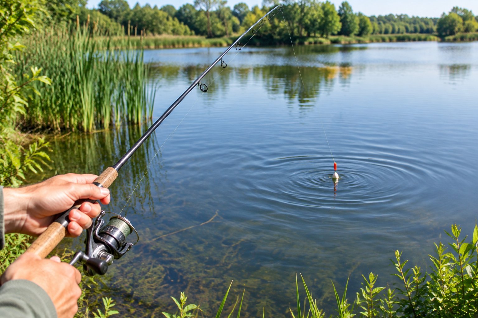 An angler watches a fishing float dip into the water at a quiet pond.