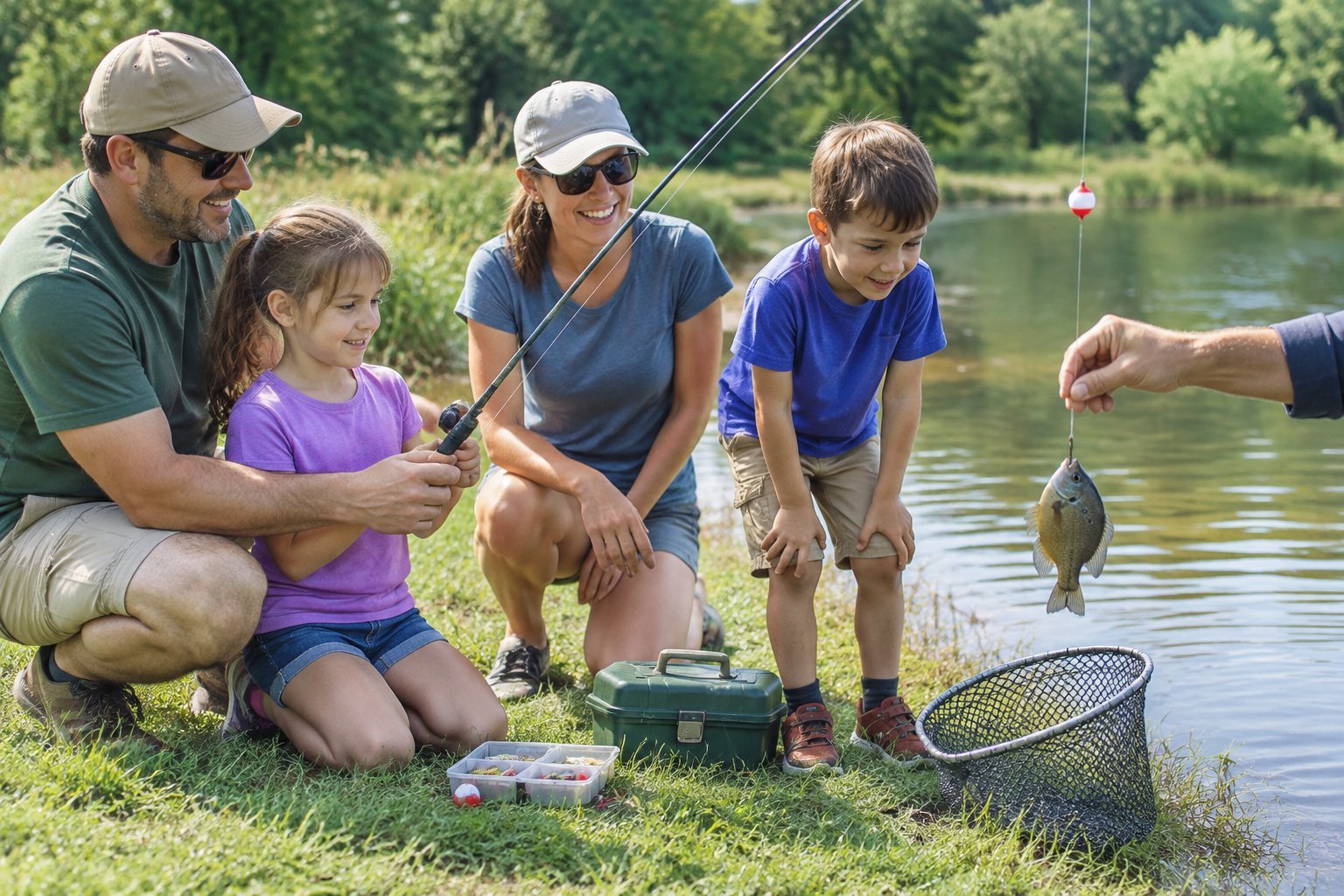 A family shares a short fishing trip beside a pond.