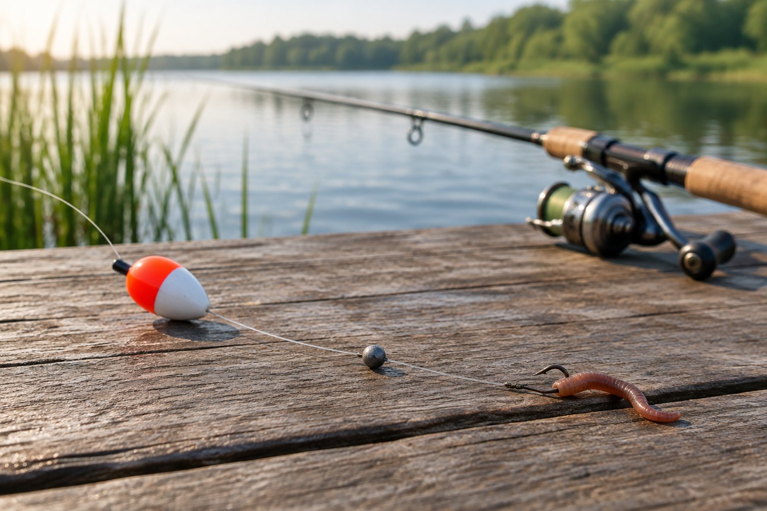 A bluegill fishing rig with a float, sinker, and baited hook rests on a wooden dock beside a lake.
