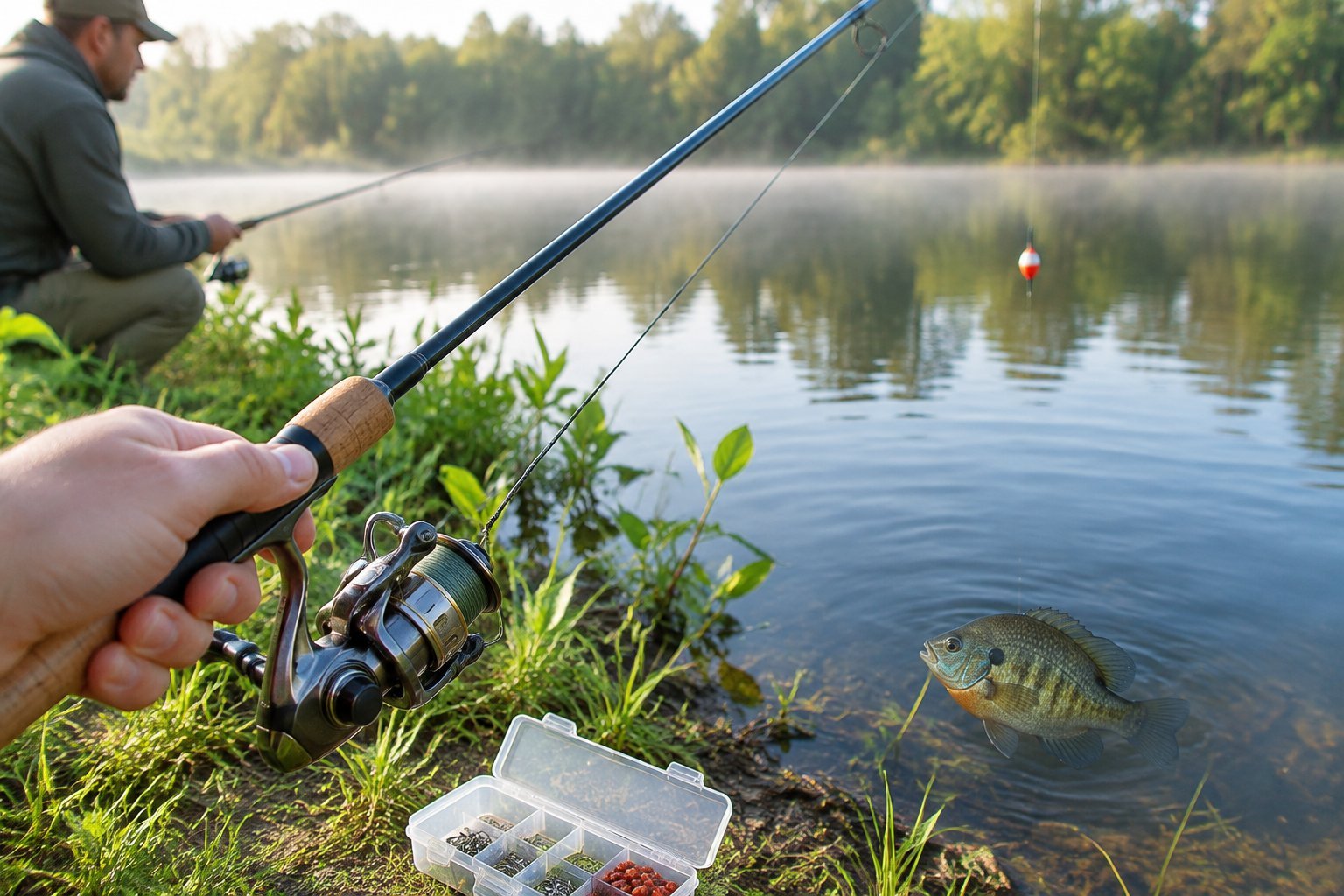 An angler holds a fishing rod beside a pond, with a bluegill near the water.