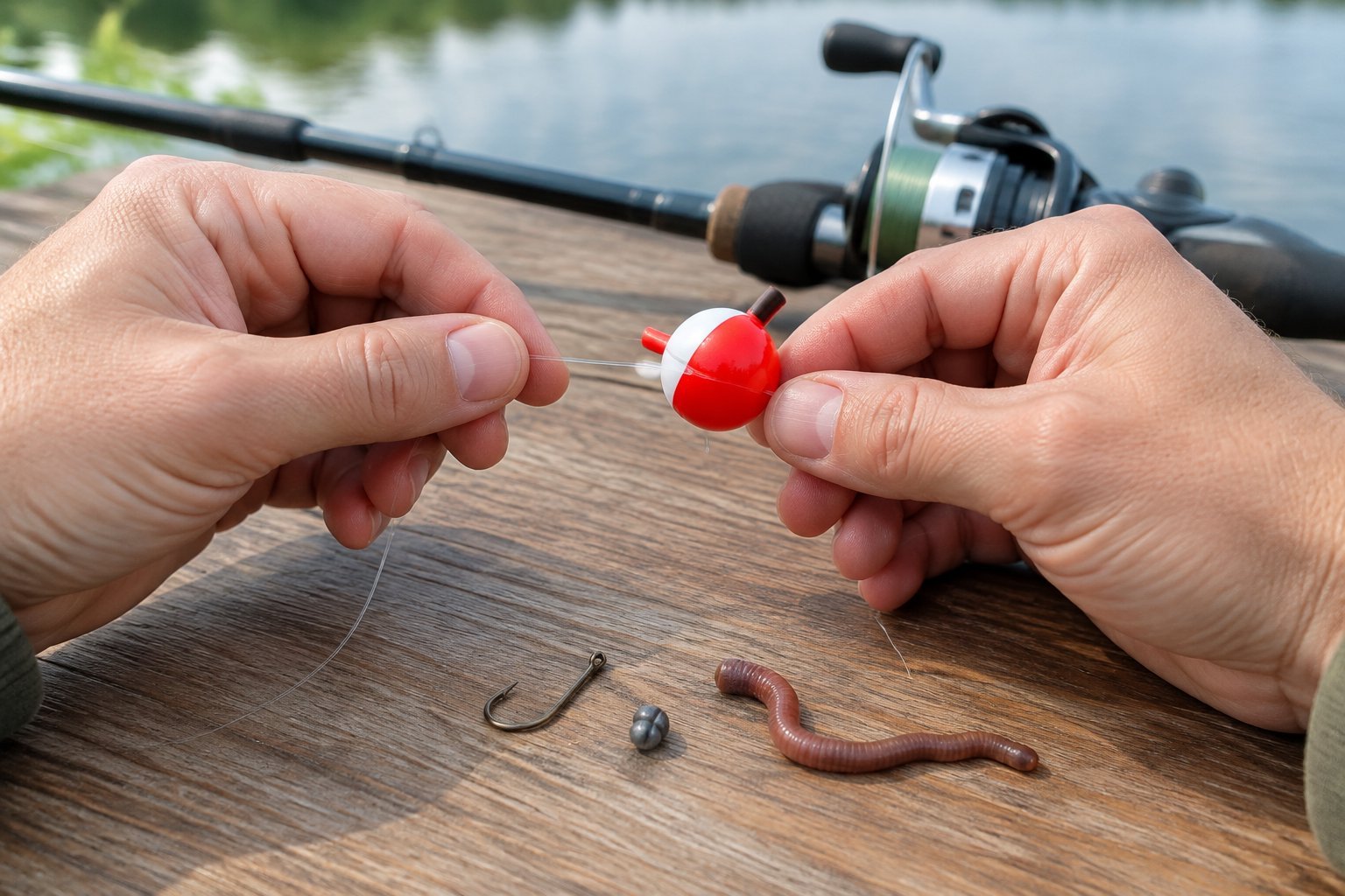 Hands attach a red-and-white bobber to a fishing line beside a hook, sinker, and worm.