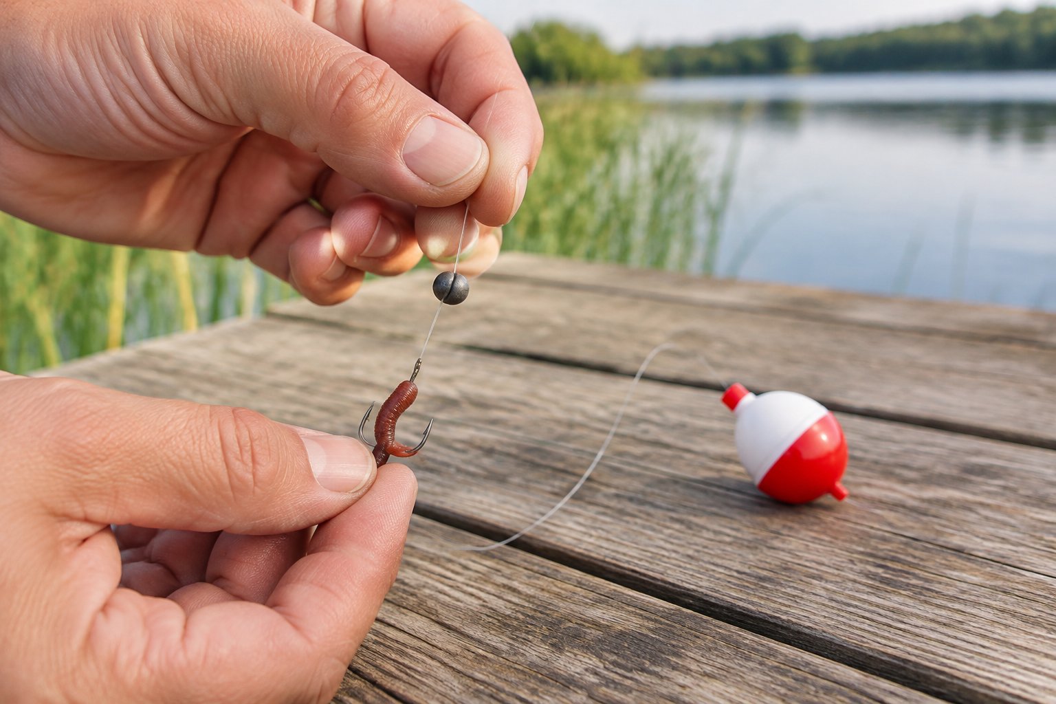Hands assemble a small bluegill fishing rig on a dock beside a lake.