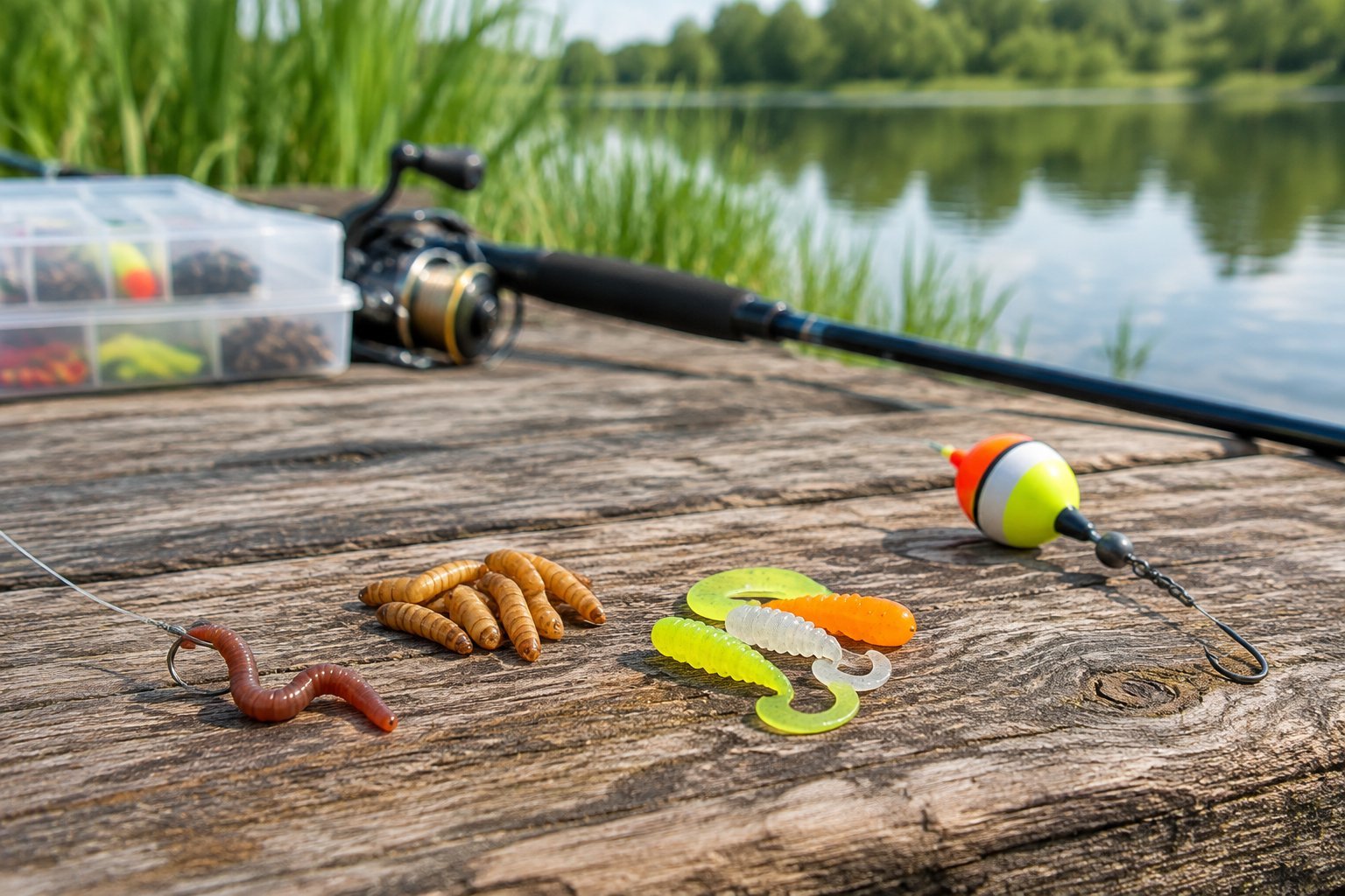 A small bluegill fishing rig and assorted baits arranged beside a calm pond.