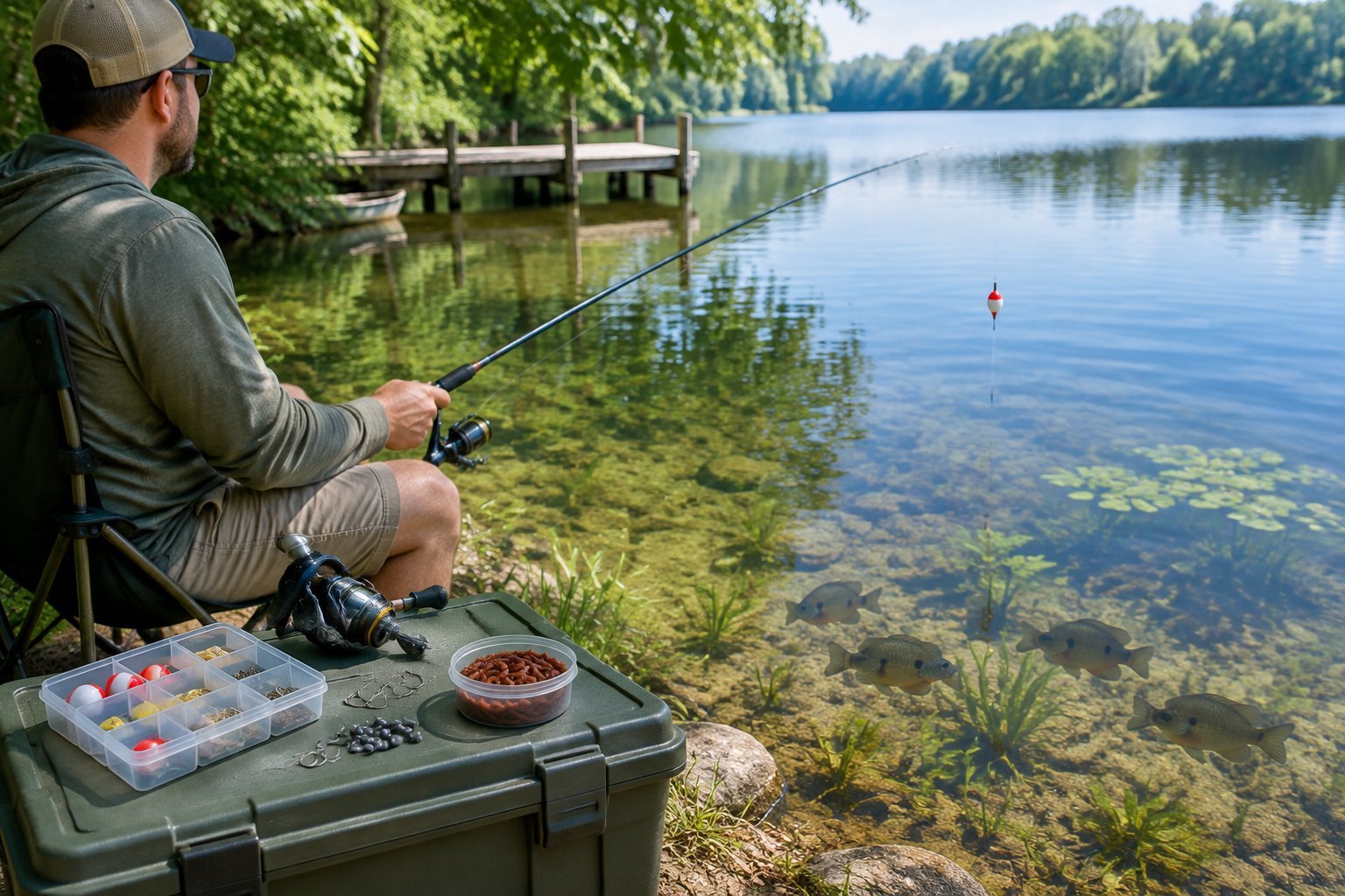 An angler fishes for bluegill beside a calm pond, with tackle and bait arranged nearby.