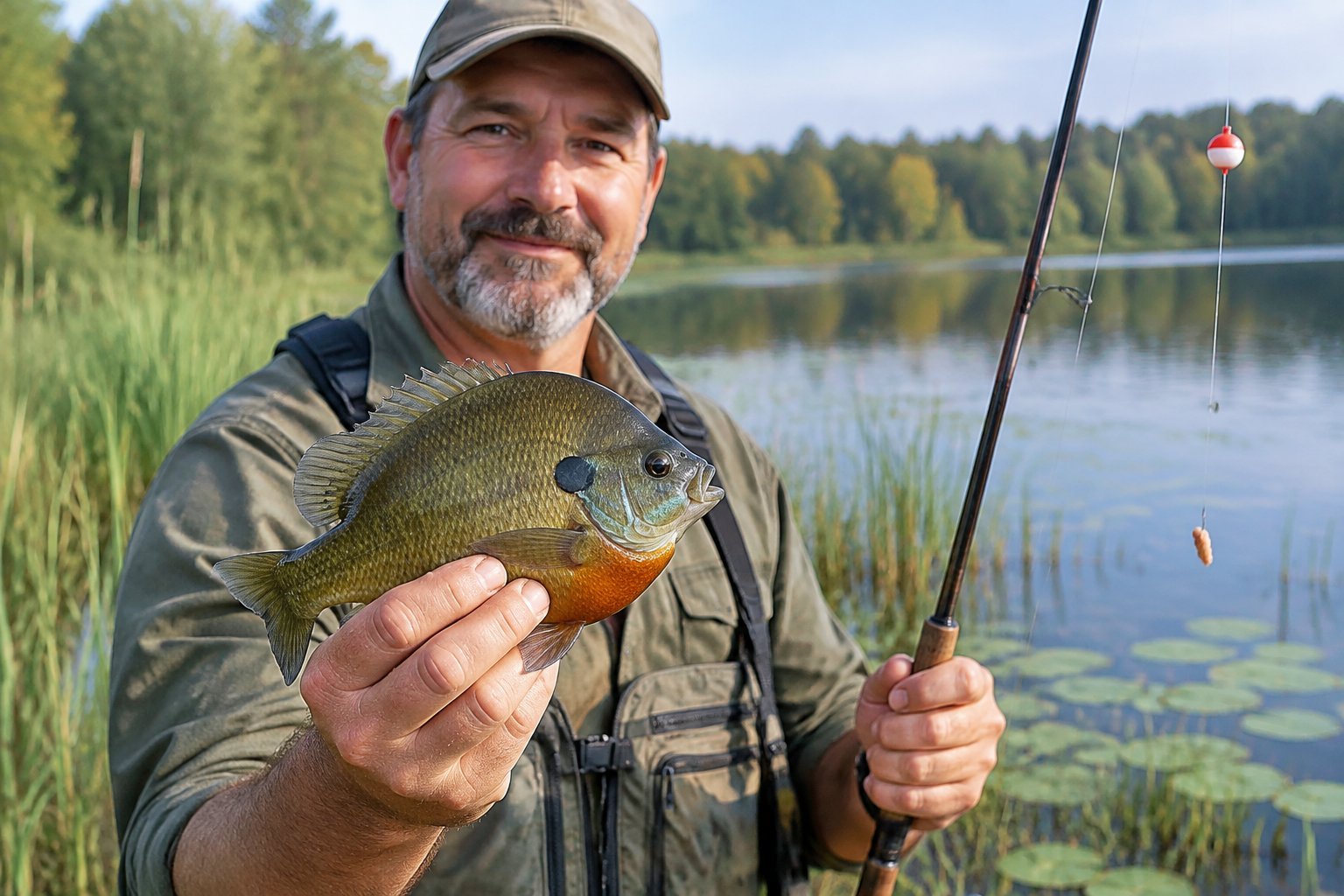 An angler holds a large bluegill beside a freshwater lake.