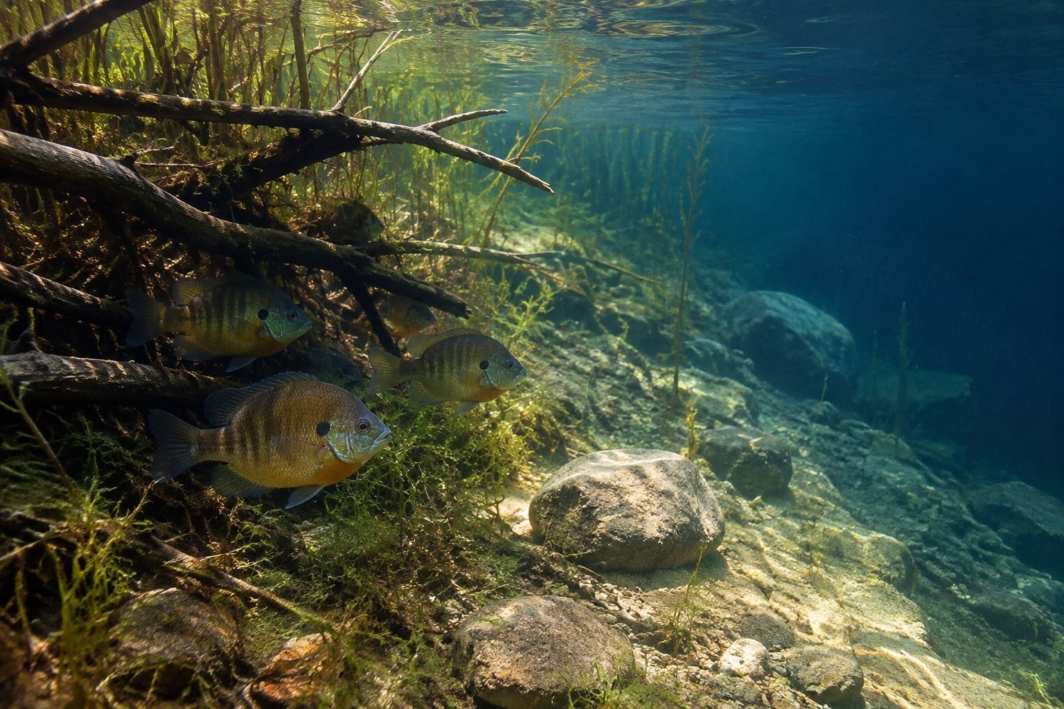 Large bluegill shelter beside submerged branches and aquatic plants near a lake drop-off.