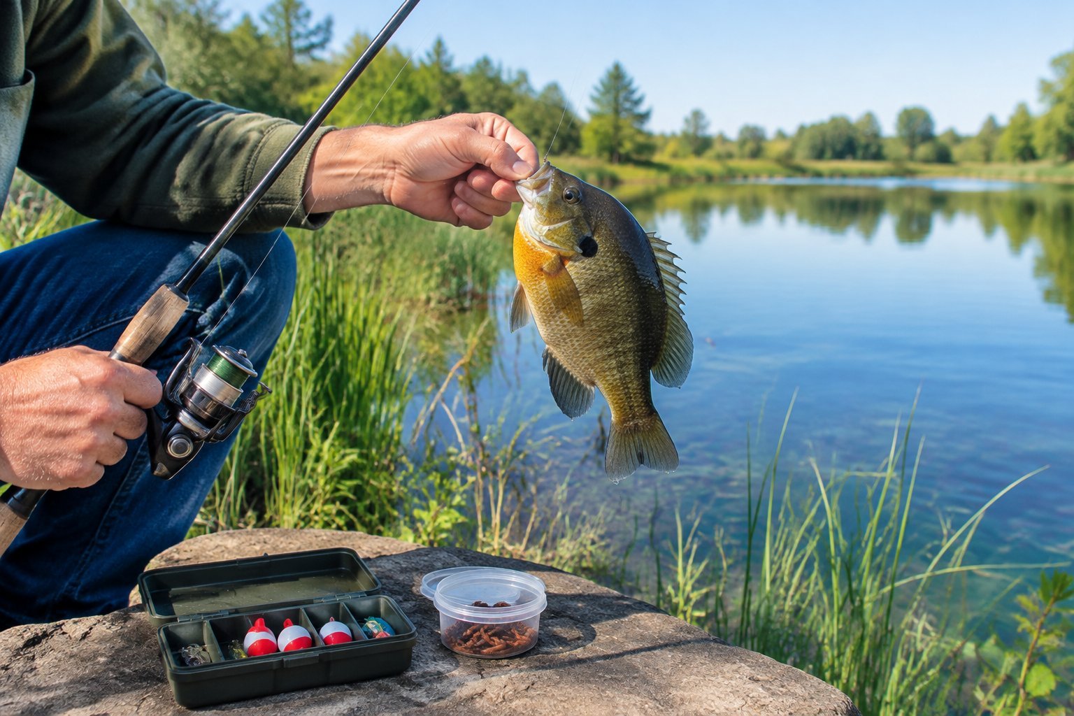An angler holds a large bluegill beside a pond, with a simple fishing rod and basic tackle nearby.