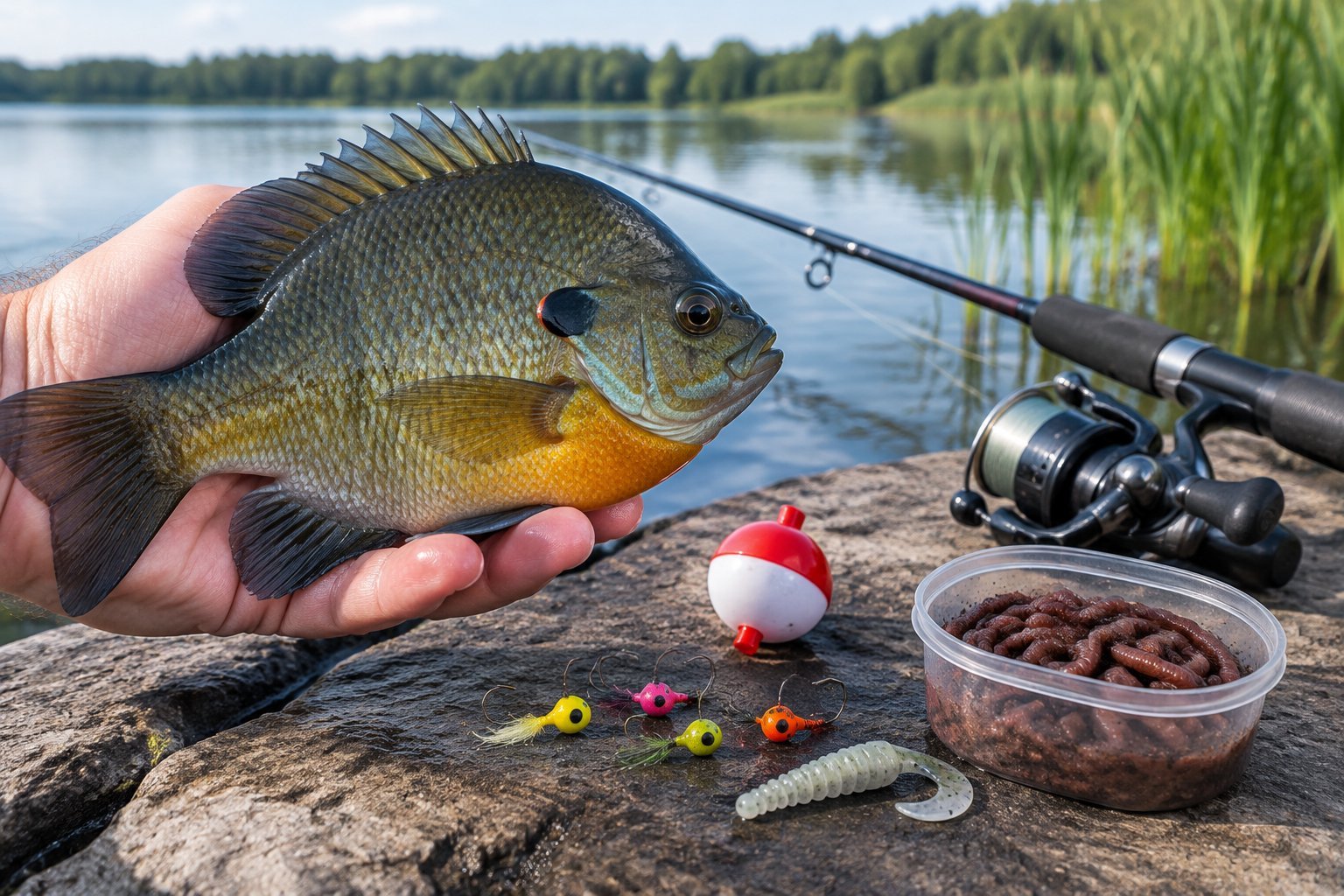 A large bluegill beside a selection of small fishing lures, a bobber, and live bait.