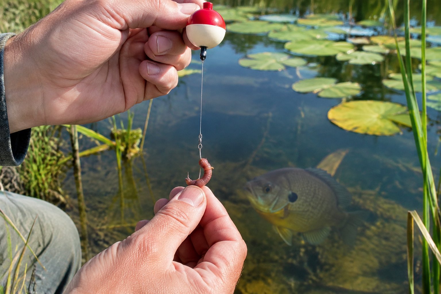 An angler places a worm on a hook above a pond where a bluegill swims.