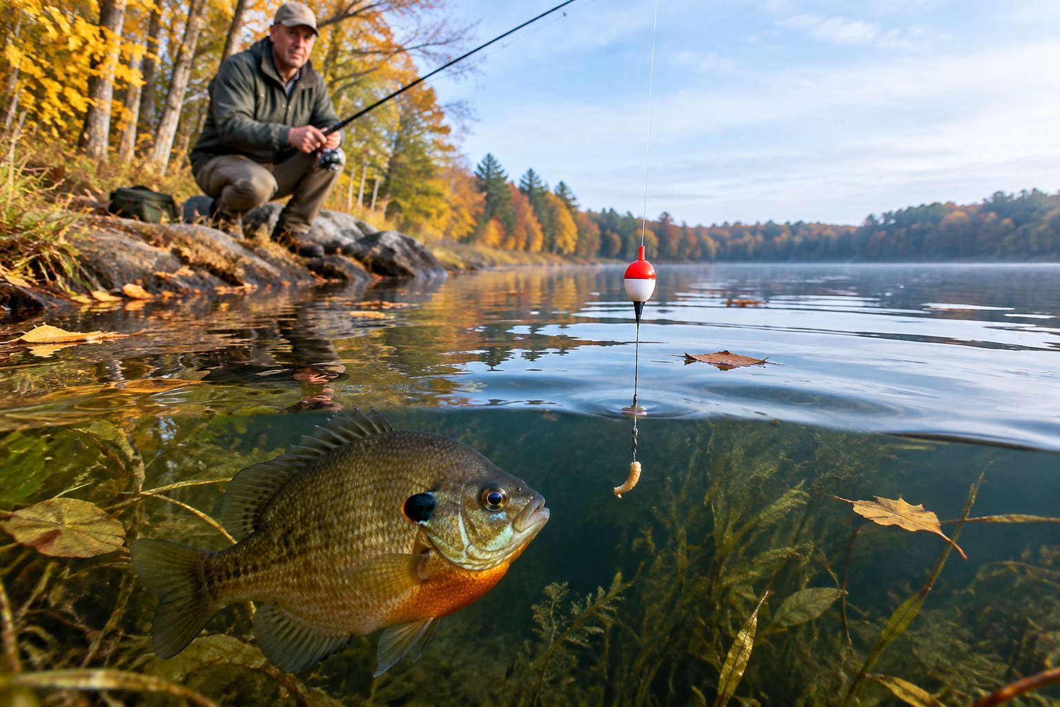 An angler fishes for a large bluegill beside an autumn lake.