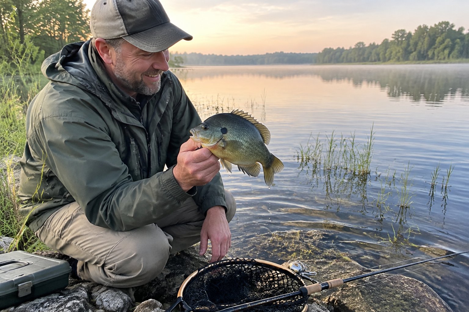 An angler holds a large bluegill beside a calm lake.