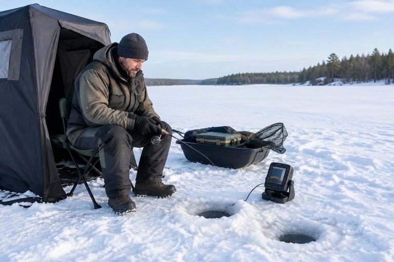 An angler ice fishes beside a shelter on a snowy lake, with a fishing rod, sonar device, and gear nearby.