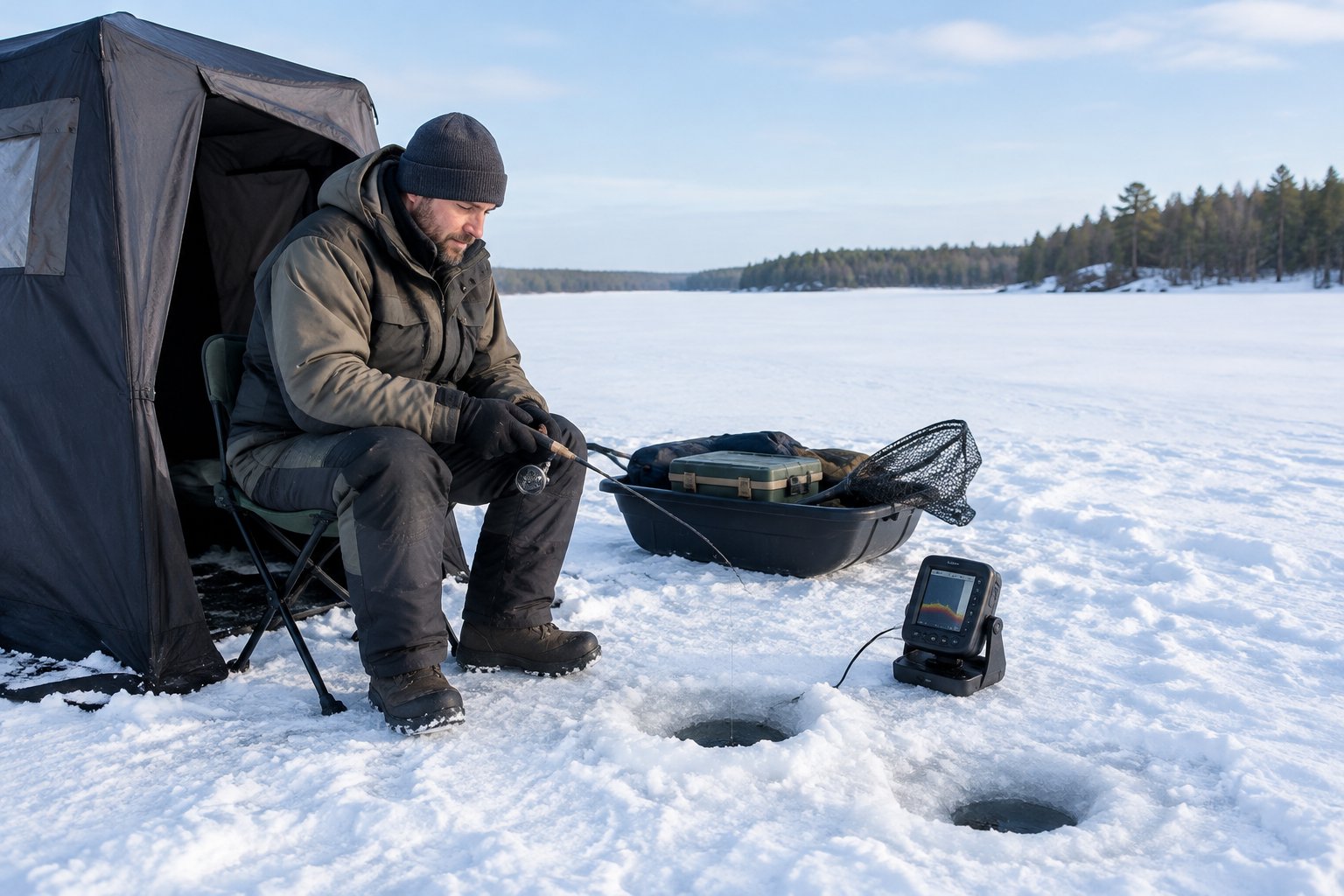 An angler ice fishes beside a shelter on a snowy lake, with a fishing rod, sonar device, and gear nearby.