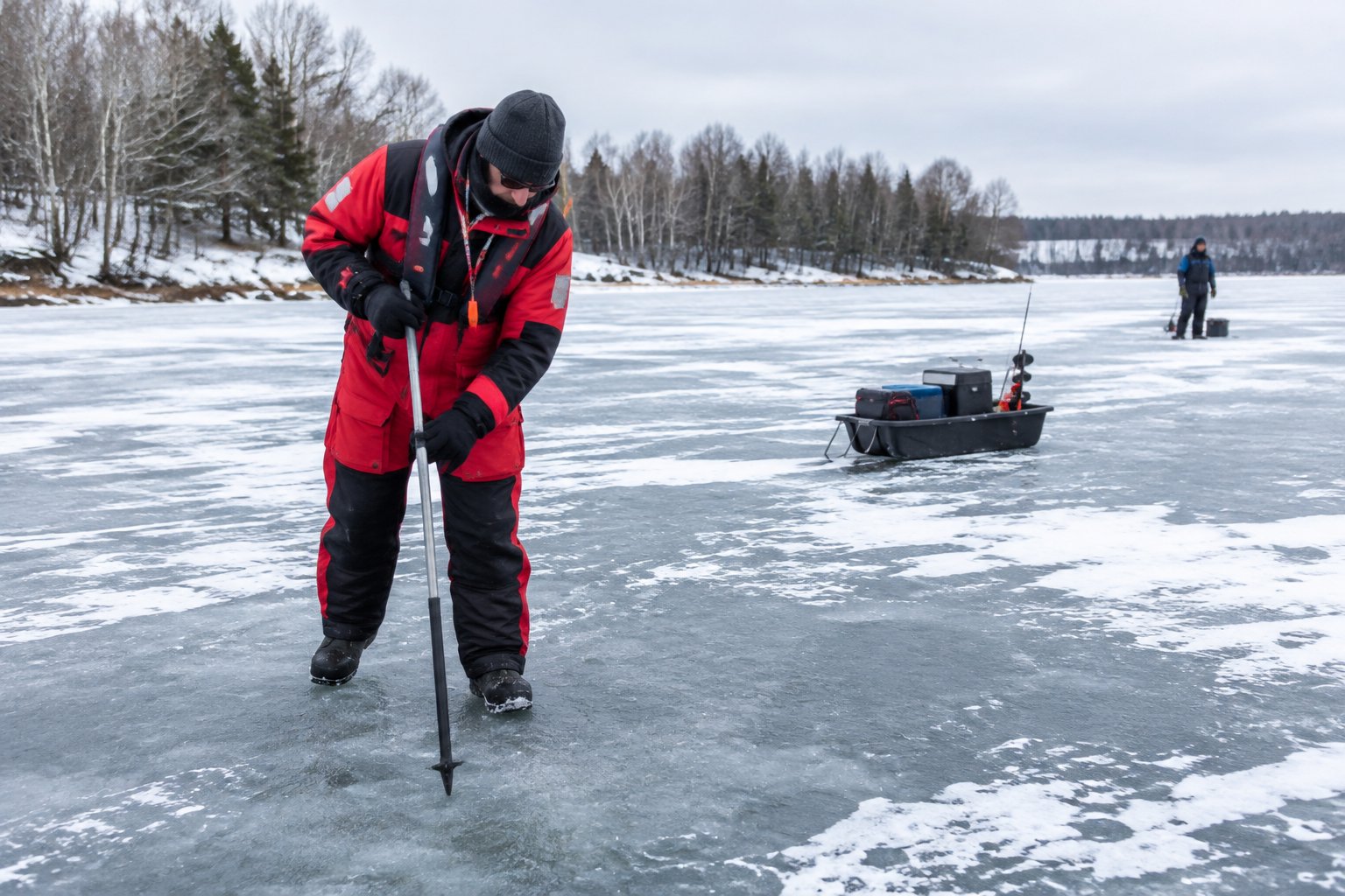 An ice angler tests the frozen lake with a spud bar before setting up fishing gear.