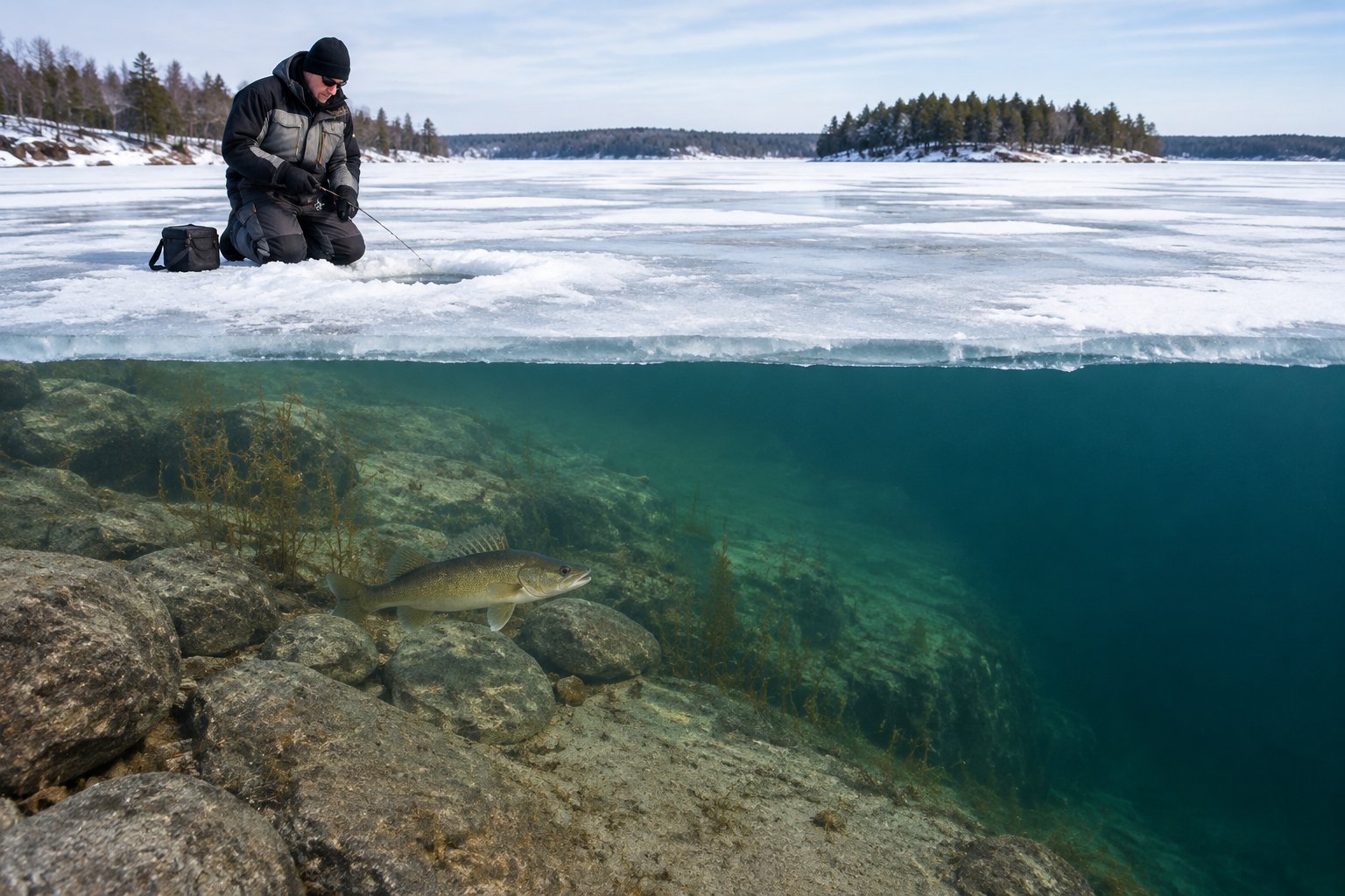 An ice angler fishes above a walleye near a rocky underwater drop-off.