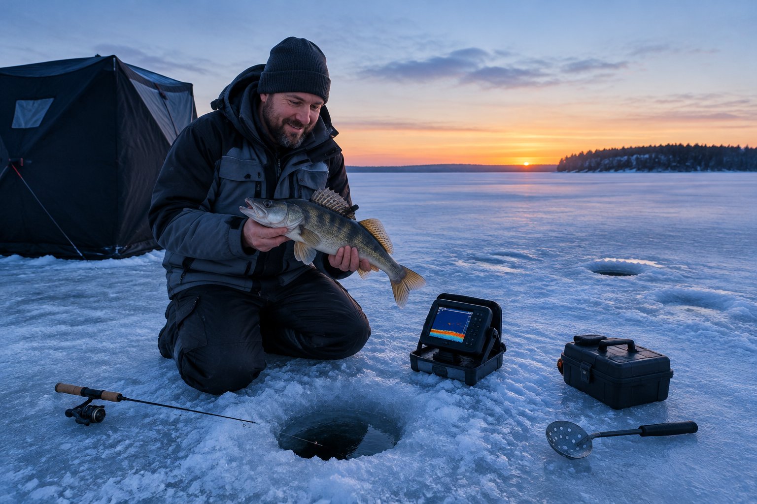 An ice angler holds a walleye beside a fishing hole on a frozen lake at sunrise.