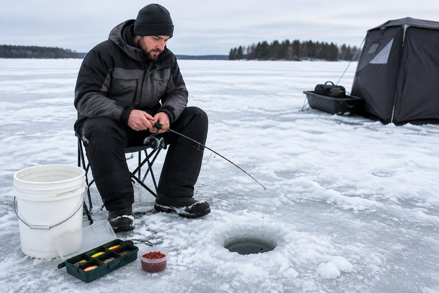 An angler ice fishes with a rod beside a drilled hole, with a tackle box, bait container, and bucket on the ice.