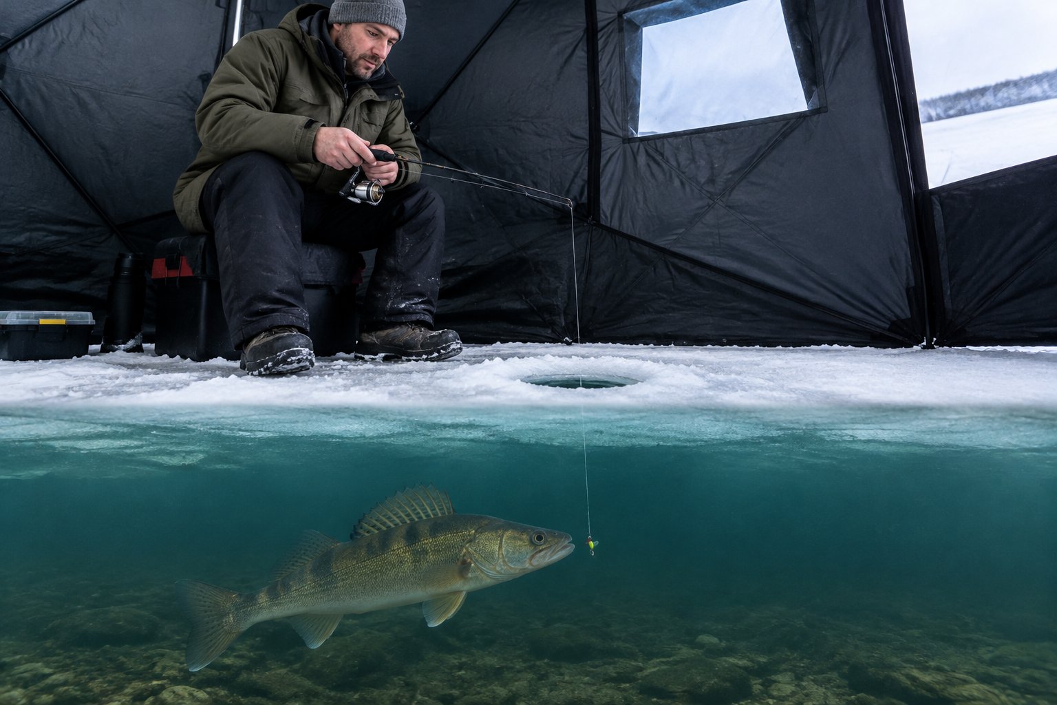 An ice angler gently jigging a lure as a walleye follows it beneath the ice.