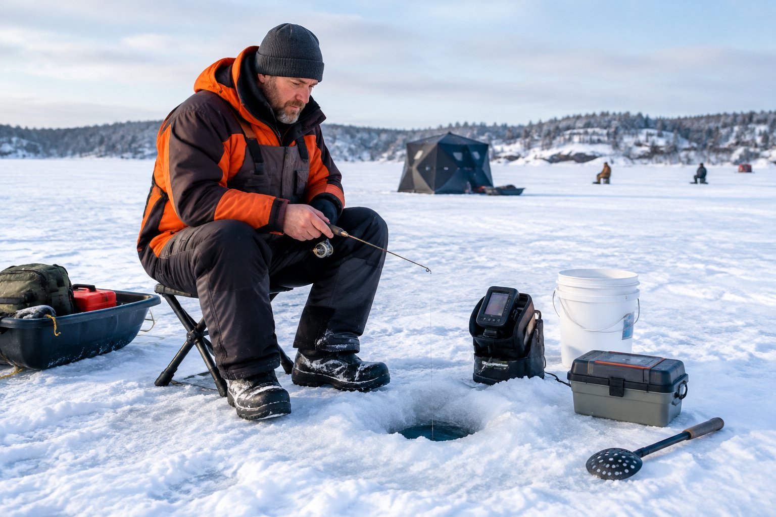An angler ice fishes at a hole on a snowy frozen lake with a small set of supplies nearby.
