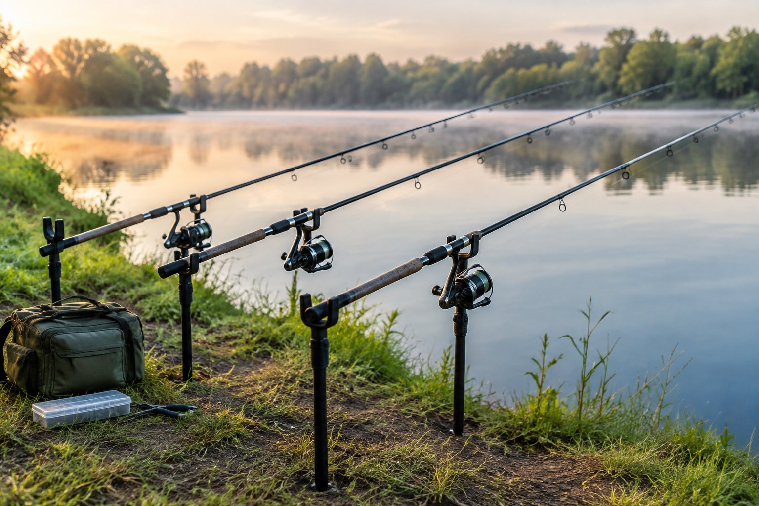 Fishing rods rest in holders along a grassy bank beside calm water.
